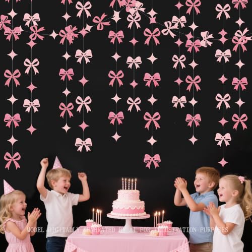 Image of Pink Bow Decorations Pink Glitter Paper Star Bow Hanging Garland Streamer Banner for Coquette Birthday Bridal Shower Wedding Anniversary Bachelorette Engagement Baby Shower Party Decorations Supplies