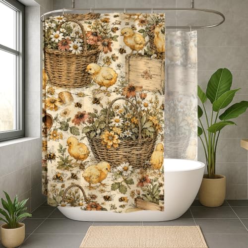 Rideau de douche anti éclaboussures extra large polyester imperméable à fleurs jaunes rustique