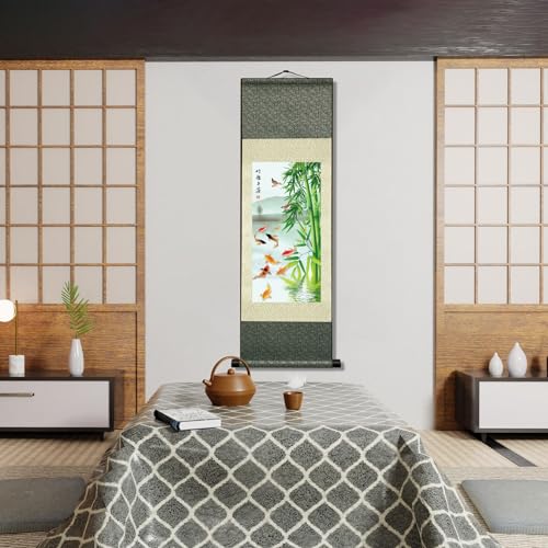 Affiche decoration bambou murale en rouleau de soie traditionnel