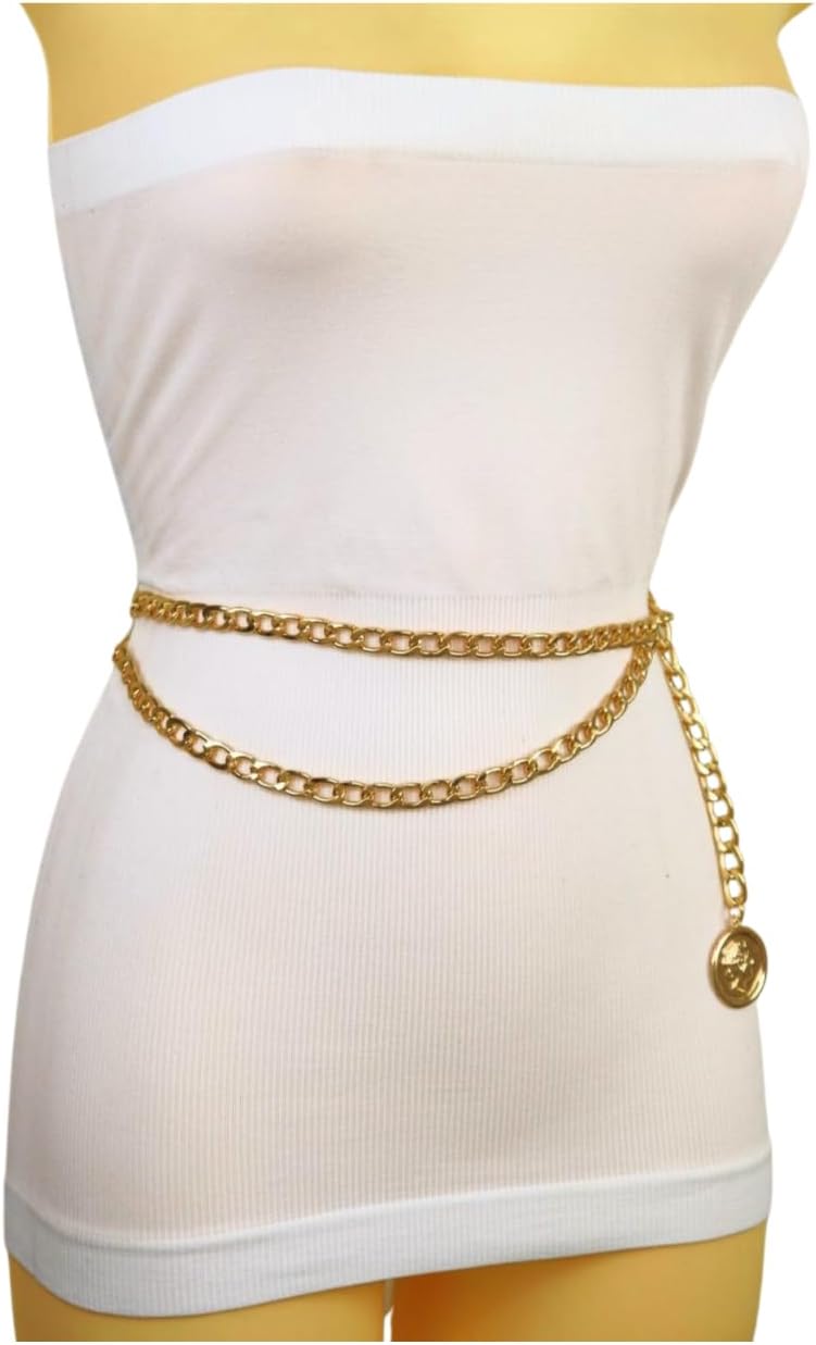 Women Fashion Belt Hip Waist Gold Metal Chain Links Wave Coin Charm Medallion Size M L XL z306
