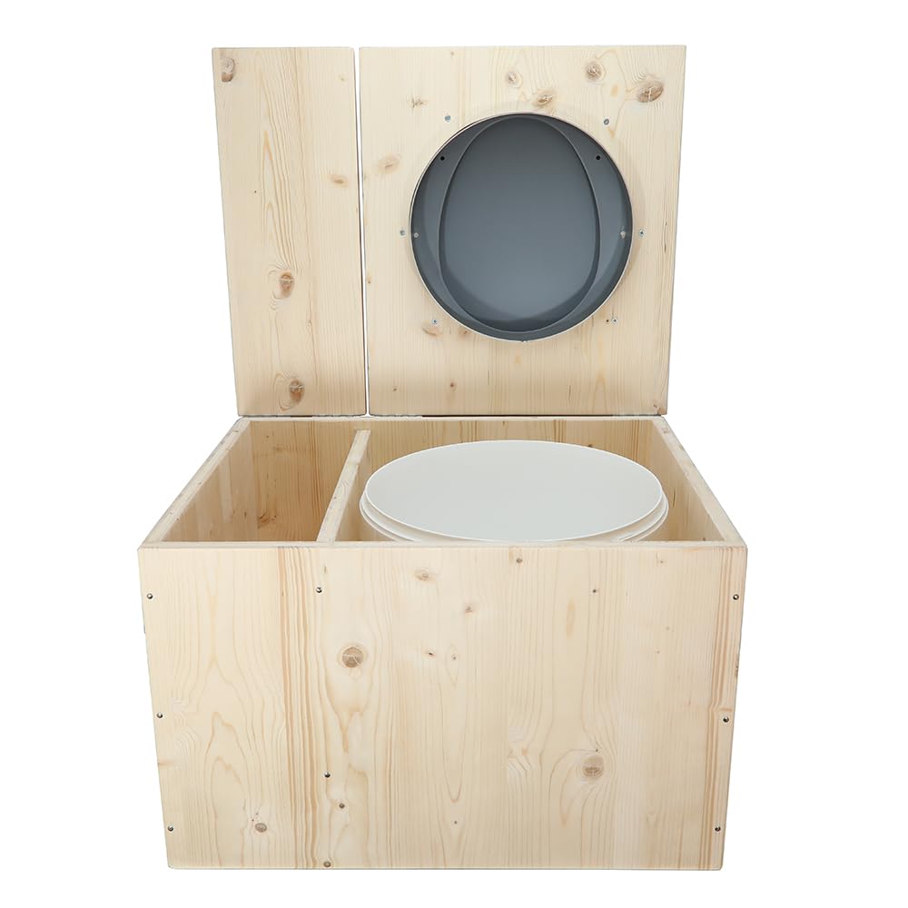 Toilette sèche en bois avec bac à copeaux intégré, bavette inox et seau 22L plastique - La Bac Gris clair 22 litres - Fabrication Française - N4