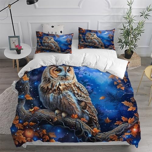 Housse de couette forêt sauvage parure lit double microfibre chouette