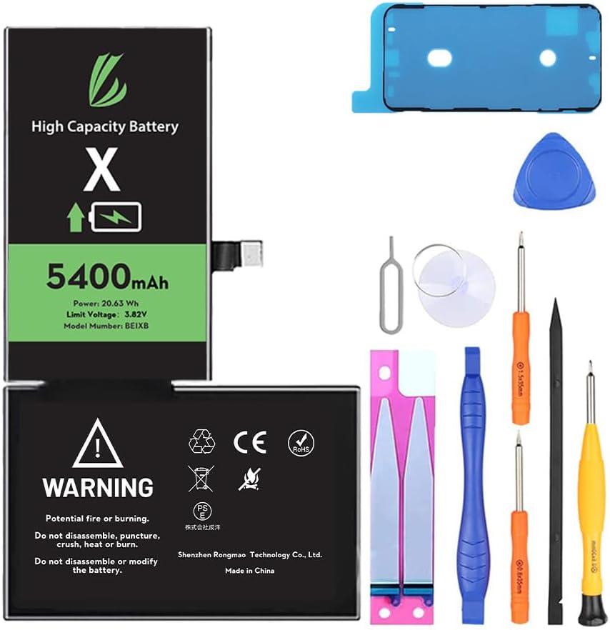 LL TRADER Battery for iPhone X, 5400 mAh High Capacity 0 Cycle Replacement Battery for iPhone X Model A1865, A1901, A1902 with Full Set Repair Tool Kit & Adhesive