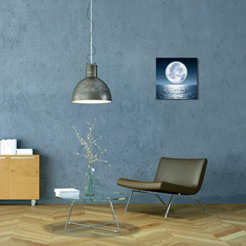 Moon Painting Wall Art Canvas - Moonrise At Sea Ocean Framed Pictures For Living Room Decorations 12X12Inch Home Office Modern Landscape Poster Nature Print Ready To Hang Bedroom Bathroom Artwork #TOP3