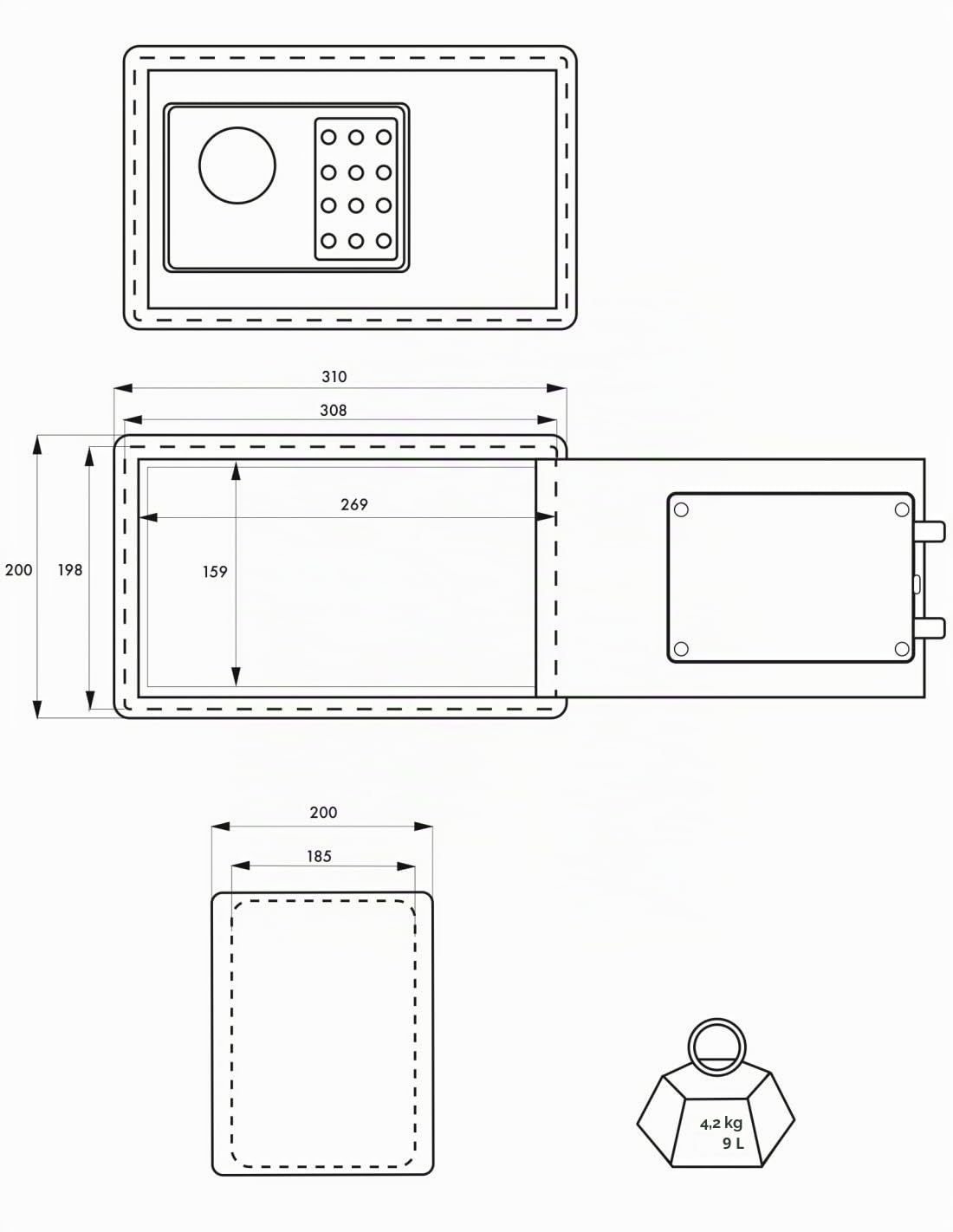 THIRARD - Coffret De Sécurité À Poser - Fermeture Électronique À Code - Acier - Usage Domestique - Code Modifiable 3 À 8 Chiffres - 2 Pênes de Ø16 mm - 200 x 310 x 250 mm - Gris - 9 L