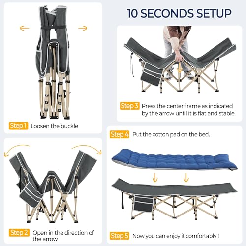 Yaheetech Cama Plegable Camping Tumbona Portátil Acolchada con Colchón de 150 kg Cama de Campamento con Almohadilla con Bolsa de Transporte Gris y Azul - imagen 6