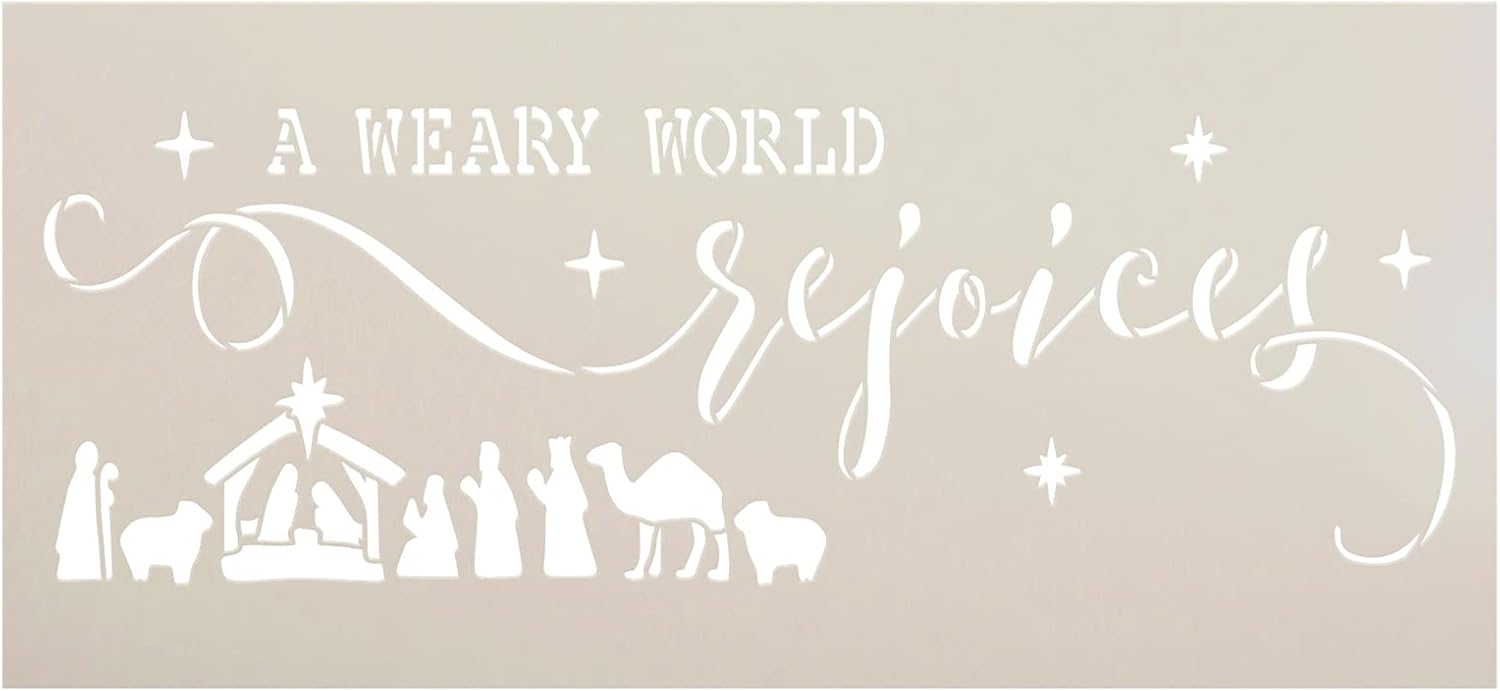 Weary World Rejoices with Nativity Stencil by StudioR12 | Craft DIY Christmas Home Decor | Paint Wood Sign | Reusable Mylar Template | Select Size (8.25 inches x 18 inches)