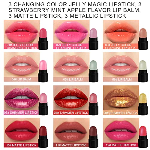 Bingbrush 12Pcs Mini Capsule Makeup Lipstick Pills Set,Color Changing Jelly Magic Lipstick +Strawberry Mint Apple Flavor Lip Balm +Matte +Metallic Lipstick Women Mood Cute Purse Lip Stick #TOP1