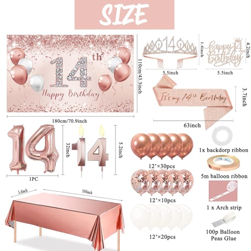 Trgowaul 14th Birthday Decorations Balloon Set girls Arch, Rose Gold 14th Birthday Banner and Party Tablecloth, Belt and Tiara, Pink Gold 14th Balloon, Pink Birthday Cake Top, Latex Balloon * 60 by Trgowaul - Image 2