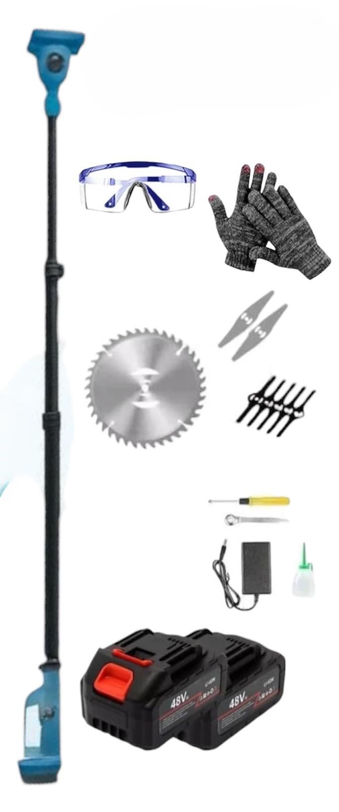 Kit 4 in 1 Giardinaggio Professionale a Batteria 48V, Motosega + Cesoia Potatura + Decespugliatore + Soffiatore Foglie con 2 Batterie e Accessori
