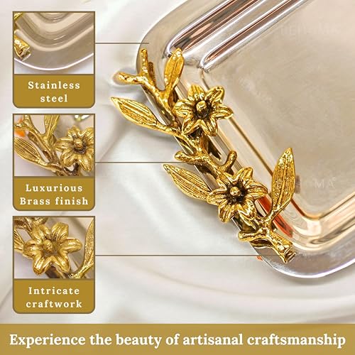 Image of BEHOMA Royal Rectangular Serving Platter, 15.5 inch | Rectangular stainless steel platter with brass leaf handle, 15.5 inch; elegant Durga Puja serveware.