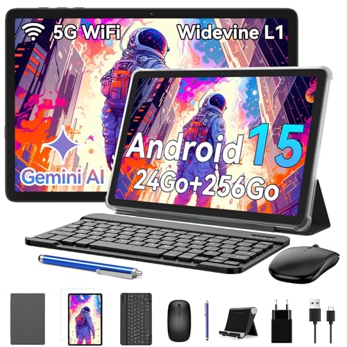KINGRID 2025 Dernier 10 Pouces Tablette Android 15, 24Go RAM + 256Go ROM(2To TF), Octa-Core Tablette Tactile PC, 5G Wi-FI, Gemini AI, Widevine L1, 5000mAh, 8 MP+5 MP, GPS, Tablette avec Stylet