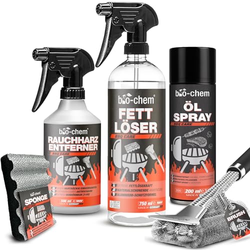 Bio-Chem – Décapant traces de brûlé 0,5L - Nettoyant Surfaces barbecues 750ml – Spray vaporisateur d’huile 200ml - Brosse et éponge - Profi Set 5 Produits – Adapté au AirFryer
