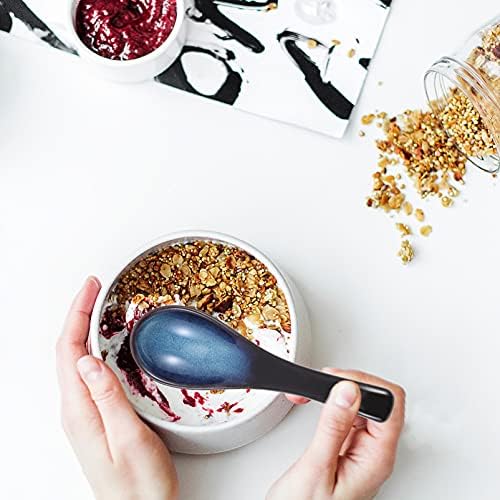 Lurrose 4pcs Blue Ceramic Spoon, Asian Soup Spoons Porridge Spoon Japanese Ceramic Spoon Blue for Soup Rice Dessert