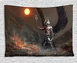 Ambesonne Fantasy World Tapestry, Knight with Wings Feathers Angel Devil Moon Fantasy Night Illustration, Wide Wall Hanging for Bedroom Living Room Dorm, 80' X 60', Brown Yellow