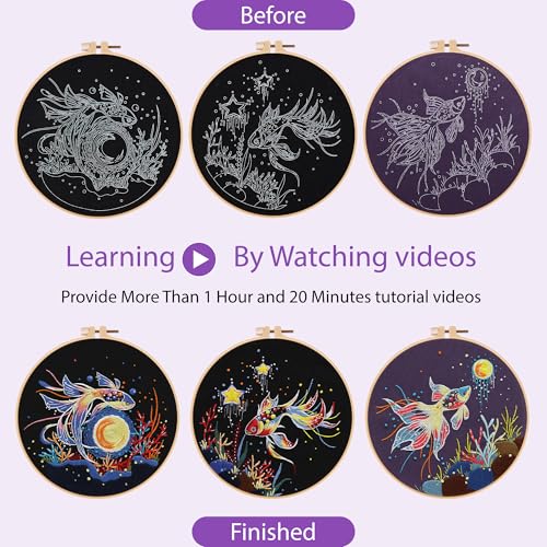 Image of Uniartfy 3 Sets Hand Embroidery Starter Kits for Beginners Adults, Goldfish Stamped Cross Stitch Kit, DIY Needlepoint Kit with Cloth, Hoop,Threads and Instruction, Easy to Learn Embroidery Starter Kit