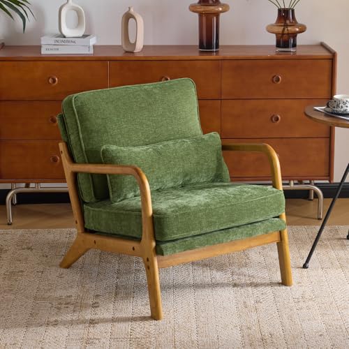 Karl home Mid Century Modern Accent Chair with Lumbar Pillow & Oak Arms – Plush Chenille Living Room Chair for Bedroom, Lounge (Olive Green)
