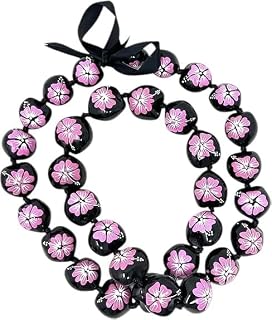 Hawaiian Kukui Nut Leis Beads Necklaces with Hand Painted Flower Adjustable 32 Inch - Necklace for Graduation & Parties