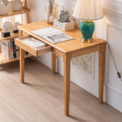 ODCVKRT Solid Wood Desk with Drawer, Small Computer Desk for Small Spaces, Gaming Study Home Office Desks for Work, Student PC Desk for Bedroom, Escritorios para Cuartos (Wood Color, 39.4 inch)