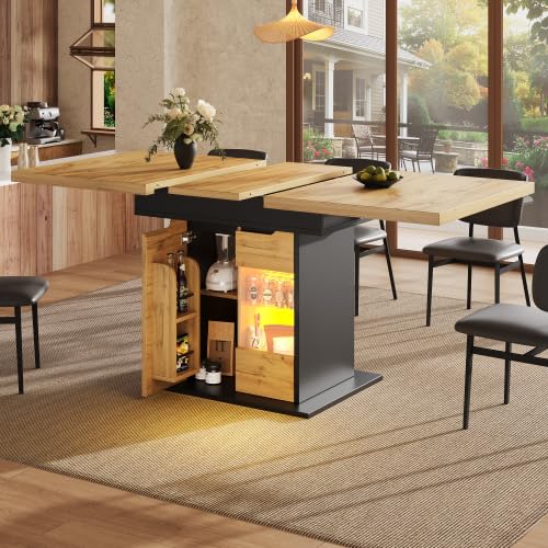 DHWDS Mesa de comedor extensible con iluminación LED y bandeja para aperitivos – Mesa de cocina inteligente para 4 – 6 personas, aparador con control de aplicación, puertas de cristal y USB, isla de