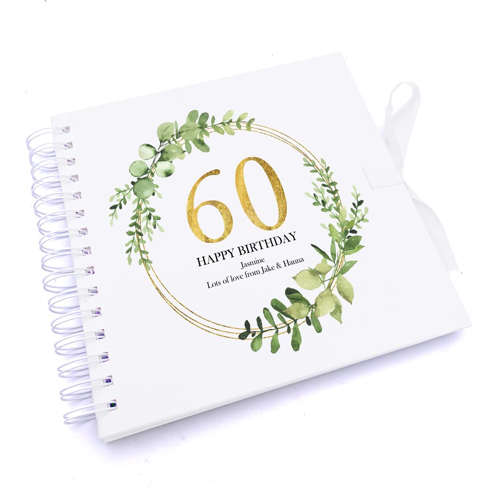 Ukgiftstoreonline White Personalised 60Th Birthday Gift For Her Scrapbook Photo Album Gold Wreath