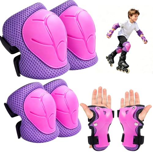 Protecciones Patines Niño 6 en 1, Set Rodilleras Coderas y Muñequeras Ajustables, Equipo de Protección Infantil para Patines en Línea Monopatín Bicicleta Ciclismo Skate Protector, Rosa