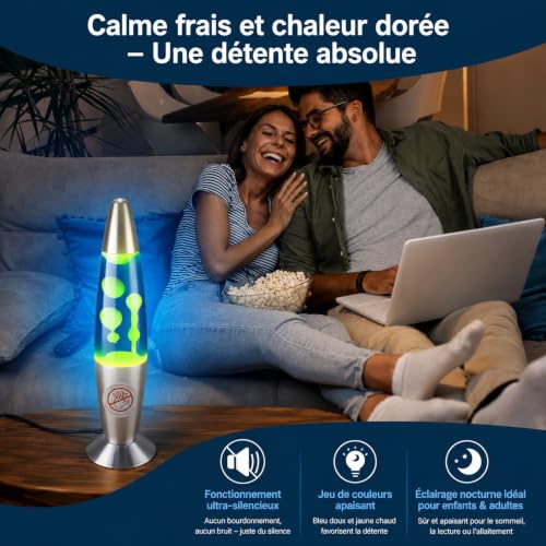 Ajacxet Lampe à lave Cadeau Rétro Bleu Jaune 34 cm, Lampe de chevet magma pour Relaxation avec 2 ampoules R39 E14, Décoration chambre enfant salon bureau – vue 3