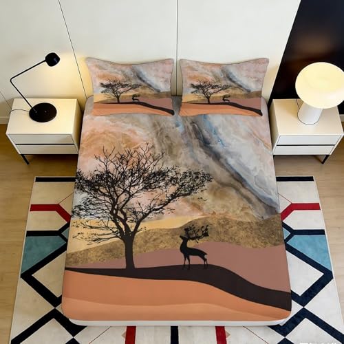 Drap Housse Imprimé 3D Cerf Forêt Microfibre Grande Profondeur Antidérapant Linge Lit Cerf Forêt Housse Matelas Lavable 200x200x25cm 90x200x25cm