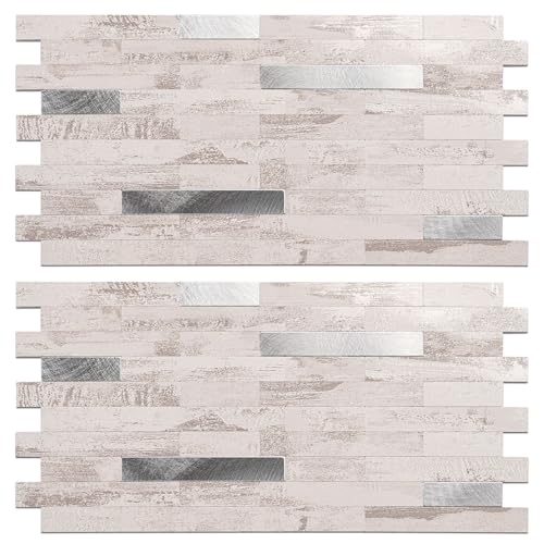 Koynsle Peel and Stick Backsplash Tile Waterproof Removable PVC Wall Sticker 3D Faux Stone Marble Brick White Accent Panels (Polished Eurasia Silver - Gray, 40 Tiles - 18 sq. ft. (1.68 m²))