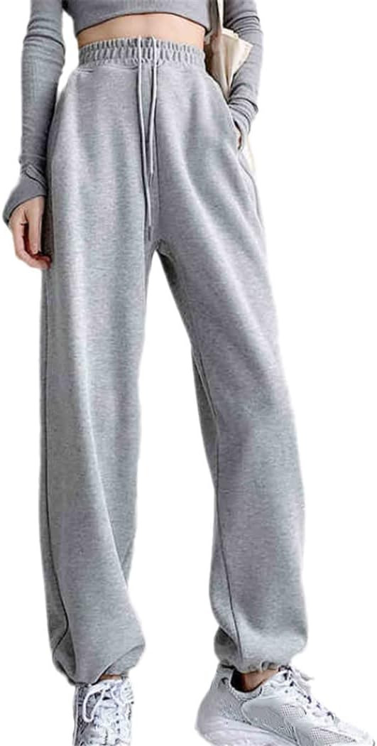 KEHAIOO Casual Women Sweatpants, Autumn Cotton Loose Elastic High Waist Pants, Solid Black Korean Pocket Sweatpants