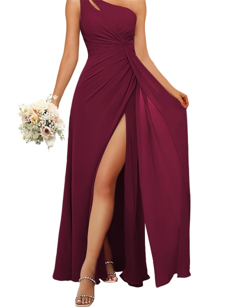 Hppee Women's Burgundy One Shoulder Bridesmaid Dresses For Ruched Chiffon A Line Evening Formal Gown With Slit Uk12