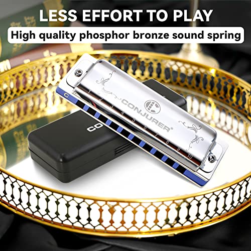 Image of CONJURER Mouth Organ Key of C, 10 Hole 20 Tone Stanadard Diatonic Blues Harmonica with Case, Harmonica Harp for Beginner, Adults, Kids, Professional, Students, Friends, Gifts (Sliver,C)