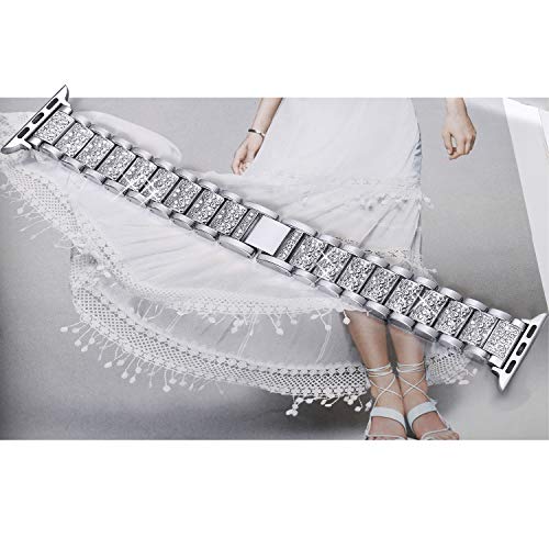 Secbolt Bling Bands Compatible with Apple Watch Band 42mm 44mm Women iWatch SE Series 6/5/4/3/2/1, Dressy Jewelry Metal Bracelet with Rhinestones, Silver - Thumbnail 5