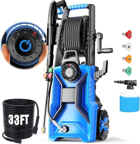 commowner Pressure Washer 5000 PSI Adjustable Pressure, Power Wahser Powered with 33ft Pressure Hose, 4 Nozzles and 500ml Foam Cannon, Powerwahser for Home, Car, Blue