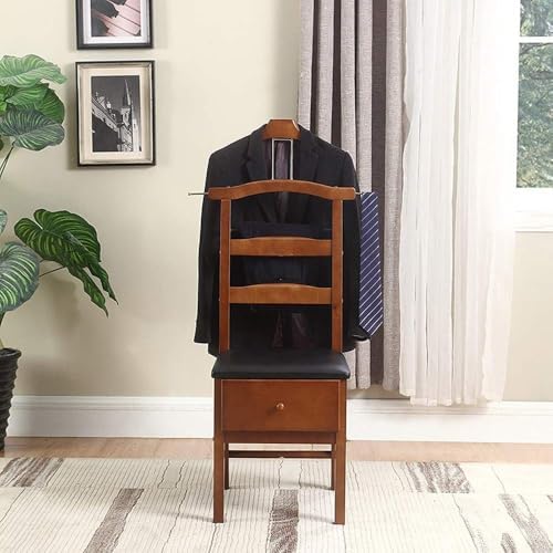 Chair Valet, Freestanding Suit Valet Stands for Women and Men with Drawer Trouser Bar and Tie Bar Wooden Chair Valet Stand Accessory Clothes Organizer
