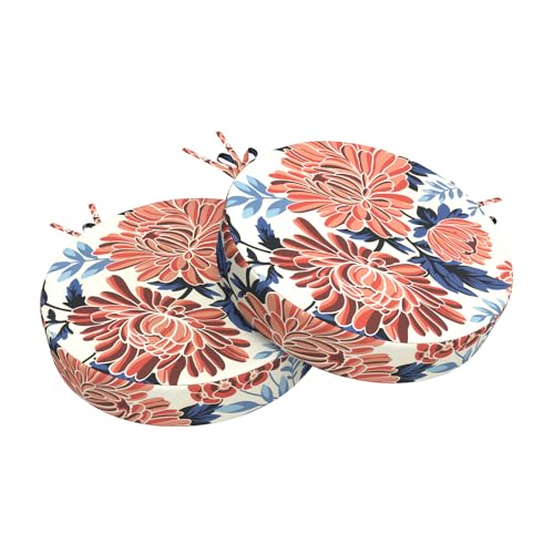 TWLEAR Outdoor Bistro Chair Cushions for Patio Furniture,Patio Bistro Round Foam Seat Cushion with Ties,15" D x 2.5" H,Red Chrysanthemum by TWLEAR - Used condition - US$42.80