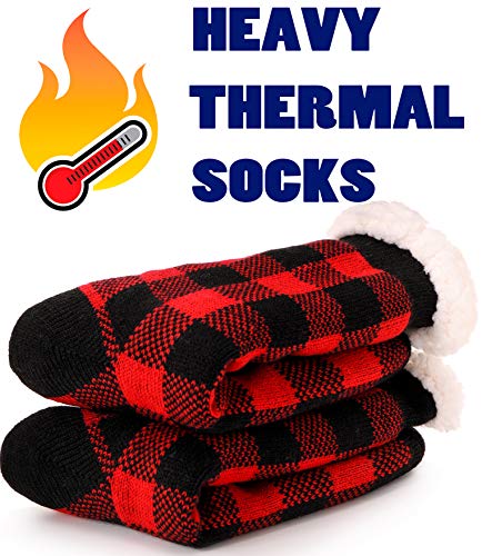 Anlisim Women Slipper Socks Fluffy Fuzzy Cabin Cozy Winter Warm Comfy Soft Fleece Thick Home Stocking Stuffers With Grips Non Skid Gift Socks（Plaid (Red)） #TOP3