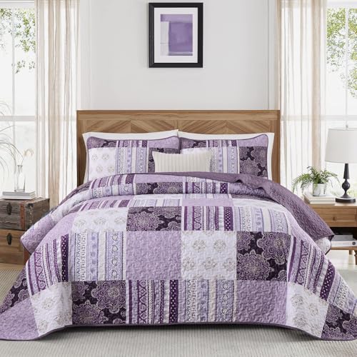 Dintszyayue Patchwork Quilt Set King Size,3 Pieces Purple Boho Bedspread Coverlet Set Plaid Bohemian Quilt Bedding Set Reversible Bed Cover Soft Lightweight Coverlet Set (King,104