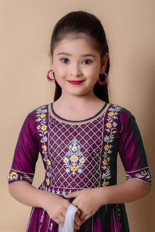 Image of Girls Traditional Embroidered Kurta Palazzo Set, Green and White, Floral Design, Half Sleeves