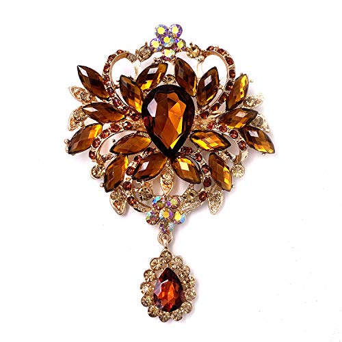 Image of LAXPICOL Wedding Bridal Big Brown Crystal Rhinestone Bouquet Brooch Pin for Women Golden Tone