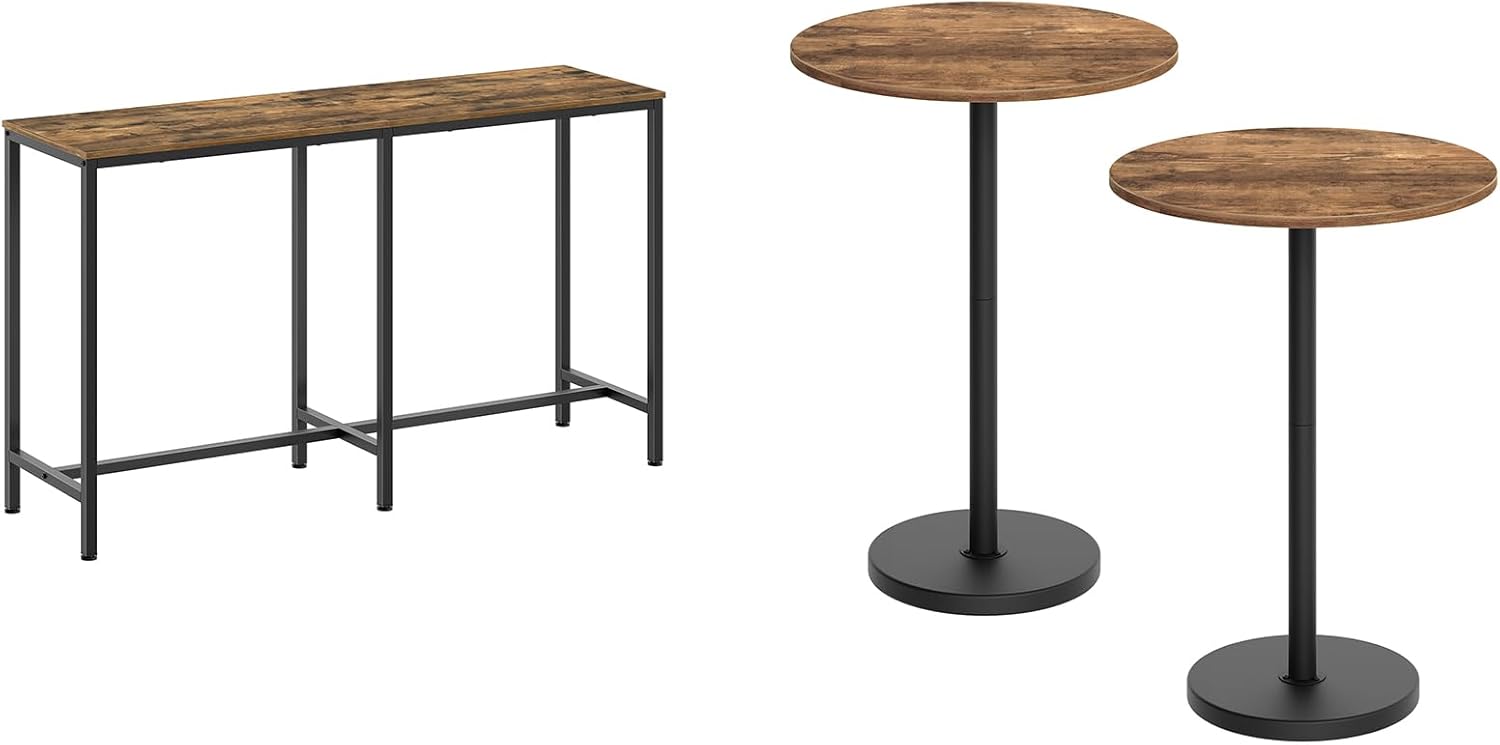 55" Long Bar Table, Counter Bar Height Table, Round Bar Table Set of 2, BT04BR-BT05L2BRY1