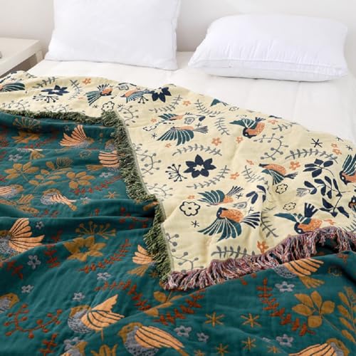 Boho Throw Blanket for Bed - 100% Cotton Ultra Soft Rustic Quilt Blanket Blue Bird Floral Printed Decor Farmhouse Bed Blankets, Super Soft Warm All Season Blanket for Sofa Couch Bed Chair, 60"×80" by DONEUS - Image 5