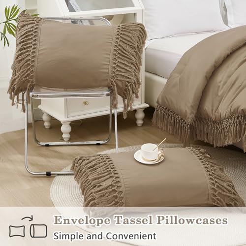 Image of Andency Taupe Full Size Comforter Set, 3 Pieces Boho Tassel Lightweight Soft Bedding Comforter Sets, All Season Fluffy Fringe Bed Set (79x90In Comforter & 2 Pillowcases)