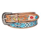 American Darling Extra Large X-Large Hand Tooled Tan Genuine Leather Beaded Belt Men Women Western with Removable Buckle