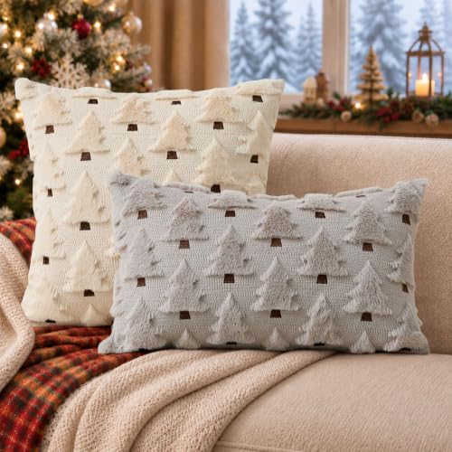 Image of Allorry Christmas Pillow Covers 12x20 inch Set of 2 Grey Christmas Decorations Soft Plush Faux Fur Wool Christmas Tree Throw Pillow Cases Winter Holiday Decor for Sofa Living Room PT002I12