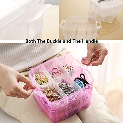 3 Tier Small Stackable Storage Container Box with Handle, Plastic Craft Organizer Case with 18 Adjustable Compartments for Washi Tapes, Art Supplies, Jewelry (5.9 x 5.83 x 4.88 in) (pink)