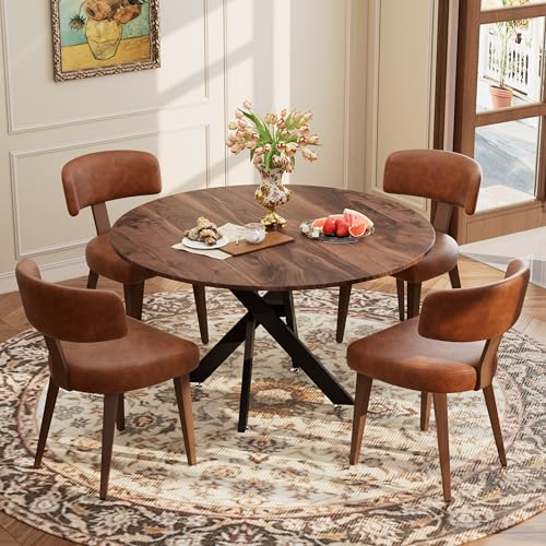 Image of Wood Dining Table Set for 4, 47 inch Round Kitchen Table with 4 Faux Leather Dining Chairs, MDF Tabletop with Metal Legs, Ergonomic Dining Chair with Metal Legs(Woodgrain Table with Brown Chairs)