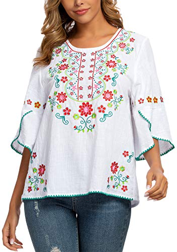 Image of Mexican Shirts Peasant Blouses for Women Cotton Embroidered Blouses Fiesta Summer Bohemian Shirts 3 /4 Sleeves