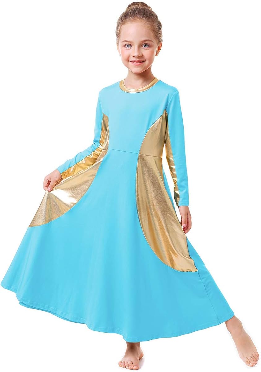OwlFay Girls Metallic Gold Color Block Liturgical Praise Dance Dress Loose Fit Full Length Ruffle Tunic Skirt Worship Costume : Clothing, Shoes & Jewelry