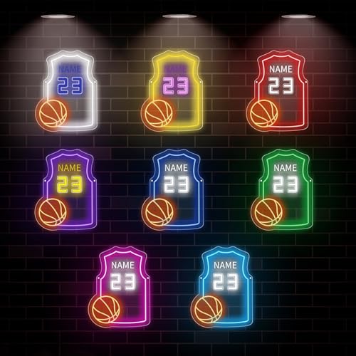 Image of Custom Basketball Jersey Neon Signs Basketball Neon Sign with Custom Name and Number Personalized Sports Neon Light for Bedroom Sports Light Up Sign for Wall Led Signs for Basketball Lover Gifts